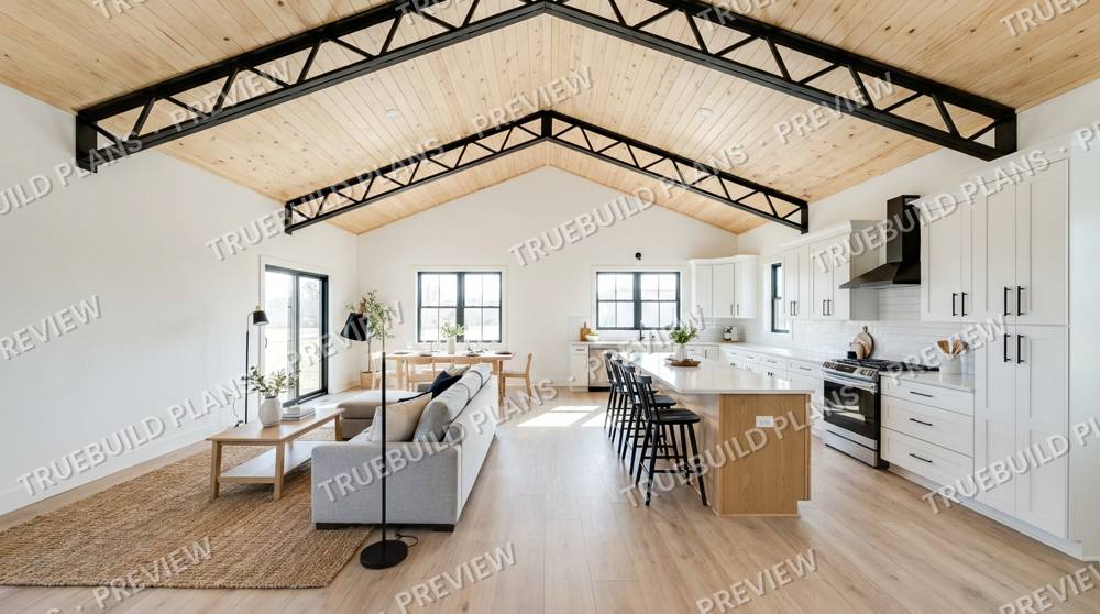 The Hollis: Living room and kitchen